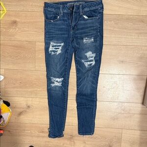 American Eagle Outfitters Women's Dark Blue Ripped Skinny Jeans